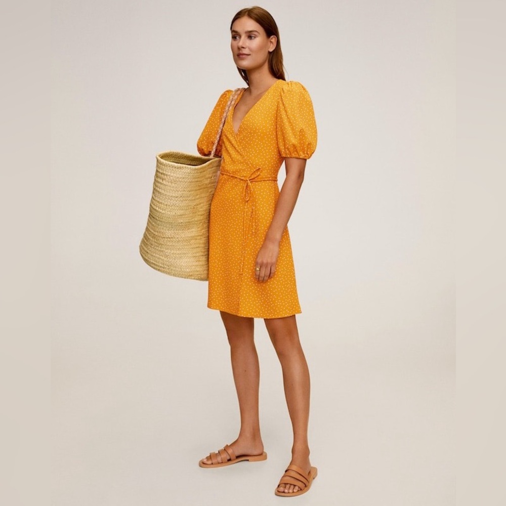 Mango Orange Polka Dot Puff Sleeve Dress